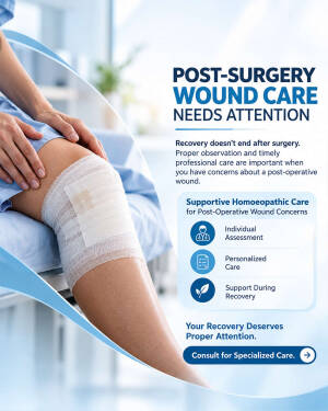 A person with a bandaged knee receiving post-surgery wound care information