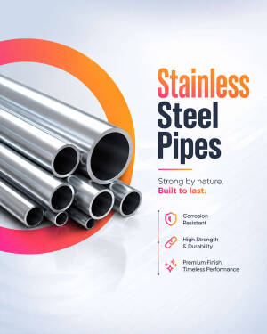 A collection of industrial stainless steel pipes displayed against a white background with orange circular accents and promotional text.