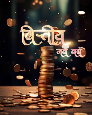Stack of coins with golden bokeh and text in Hindi