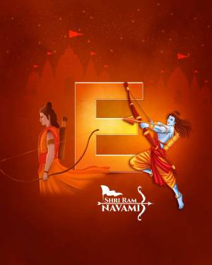 Illustration depicting Lord Rama aiming an arrow, with a large letter 'E' and temple silhouettes, celebrating Ram Navami.