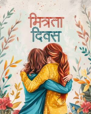 Illustration of two women embracing with floral background and text 'Mitrata Divas'