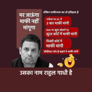 Meme featuring Rahul Gandhi with text in Hindi regarding apologies and court cases.