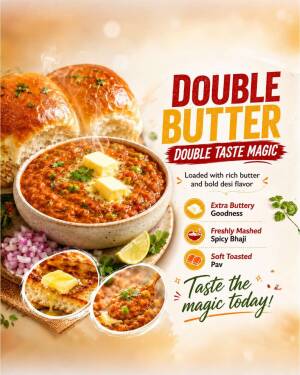A delicious bowl of Pav Bhaji topped with double butter and toasted pav bread on a rustic wooden background.