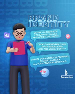 Illustration of a person with a clipboard explaining brand identity elements.