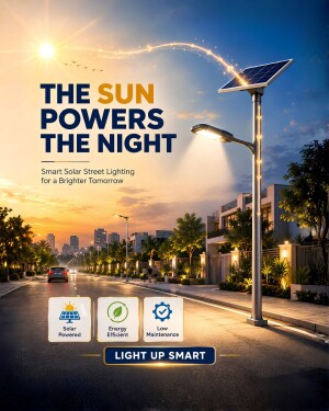 A smart solar street light illuminating a suburban road at sunset with text overlay about energy efficiency.