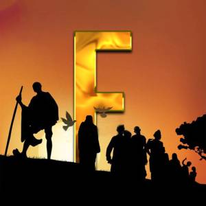 Silhouette of a man leading a group with birds flying towards a glowing letter F