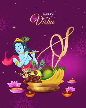 Vishu festival illustration with Lord Krishna, fruits, and traditional elements