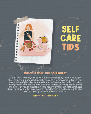 Illustration of a woman preparing healthy food with text 'Self Care Tips' and 'Happy Mother's Day'