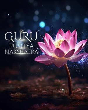 Pink lotus flower with the text 'Guru Pushya Nakshatra' against a dark background.