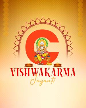 Vishwakarma Jayanti greeting with Lord Vishwakarma and decorative elements