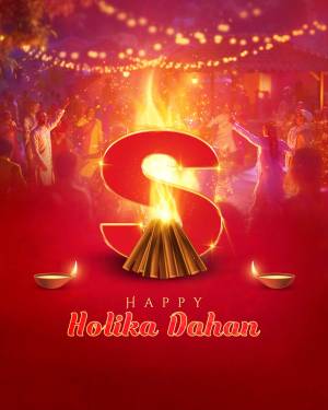Holika Dahan celebration with a large letter 'S' in front of a bonfire