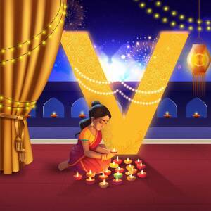 A woman lighting diyas during a Diwali celebration with a large illuminated 'V' in the background.