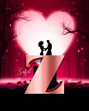 Silhouette of a couple embracing in front of a heart-shaped moon with a large letter 'Z' in the foreground.