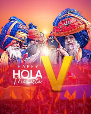 Group of Sikh men in traditional turbans celebrating Hola Mohalla with a large yellow 'V' in the foreground.