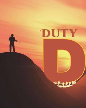 Silhouette of a soldier standing on a hill with a large 'D' in the background.