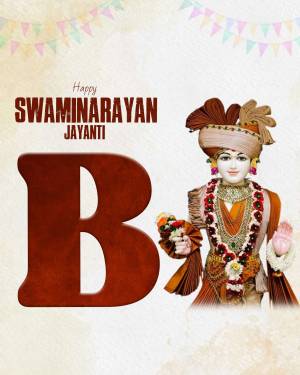 Image depicting Swaminarayan Jayanti with a portrait of Swaminarayan and a large letter 'B'