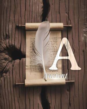 A vintage scroll with a feather quill and a large letter 'A' on a rustic wooden background.