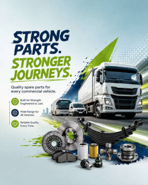 Commercial vehicle spare parts advertisement with truck bus and van in the background