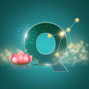 Letter Q with a pink lotus flower and a constellation background