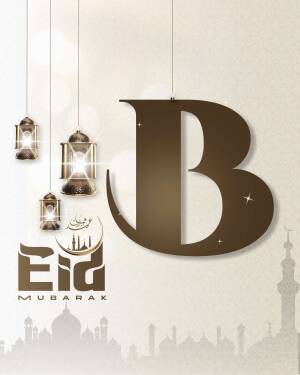Eid Mubarak greeting with a large letter 'B' and illuminated lanterns