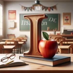 A wooden letter 'I' with an apple on top of a book in a classroom setting.