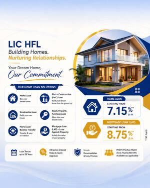 LIC HFL advertisement showcasing various home loan solutions, interest rates, and property benefits with a residential house image.