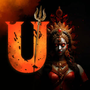 Digital art featuring the letter U with Goddess Durga's imagery