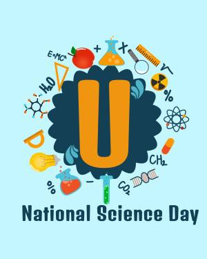Illustration for National Science Day featuring scientific symbols and the letter U