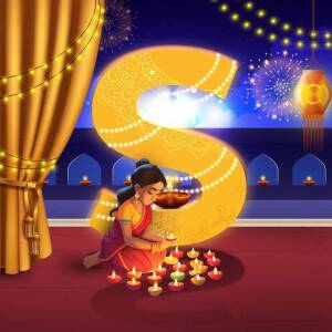Illustration of a woman lighting diyas around a large letter 'S' during Diwali