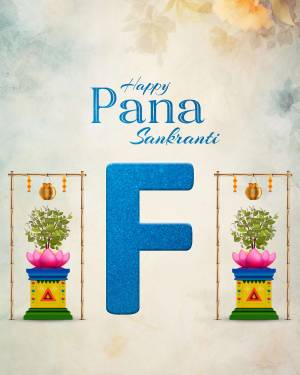 Pana Sankranti festival greeting with a large letter 'F' and traditional decorations.