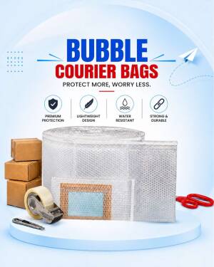 Stack of bubble courier bags with packing materials on a blue background