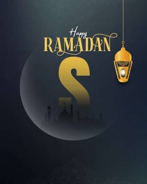 Ramadan Kareem greeting with crescent moon, lantern, and mosque silhouette