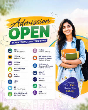 A young female student smiling and holding books, advertising college admissions for various programs.
