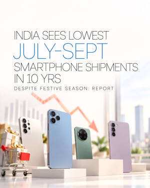 Infographic showing a decline in Indian smartphone shipments from July to September over ten years, featuring various smartphones.