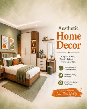 A modern, stylish bedroom with wooden furniture and olive green accents, showcasing aesthetic home decor ideas.