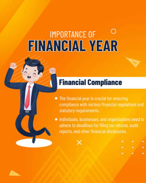 Illustration of a businessman celebrating with text about the importance of the financial year and financial compliance.