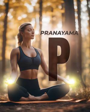 Woman meditating in a forest with glowing hands and the letter 'P' overlayed.