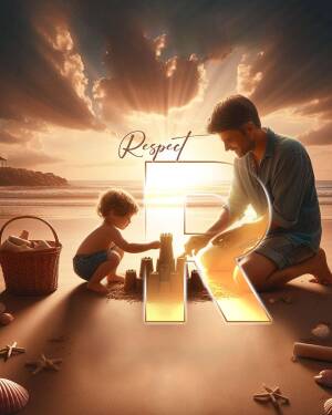 A father and son building a sandcastle on the beach with a glowing 'R' shape.