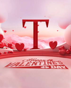 3D rendering of a Valentine's Day scene with a large red letter 'T' and hearts