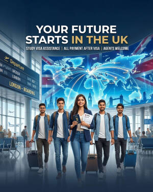 A group of diverse students walking through an airport with passports and offer letters for UK study visa assistance.