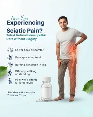A man experiencing sciatic pain with symptoms listed next to a bottle of homeopathic medicine