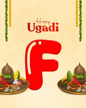 Ugadi festival greeting with a red letter F and traditional decorations