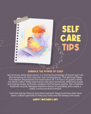 Illustration of a mother holding a baby with text 'Self Care Tips'