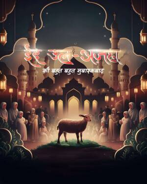 Eid al-Adha illustration with mosque, people and a lamb