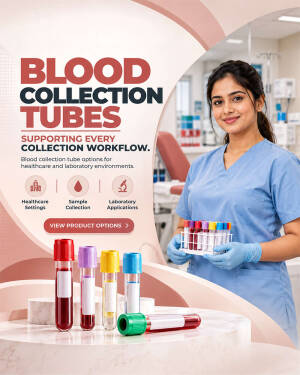 A smiling healthcare professional holding a rack of blood collection tubes, with various sample tubes displayed in the foreground.