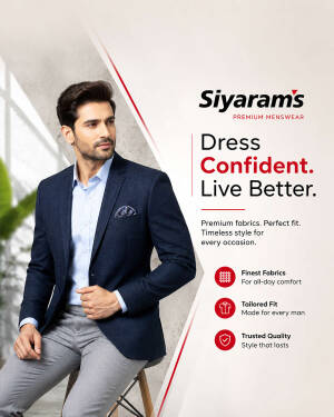 A man wearing a navy blue blazer and light blue shirt from Siyaram's premium menswear collection.