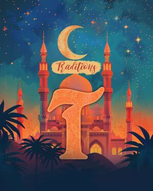 Illustration of a mosque and crescent moon with the Arabic letter 'Taa' and the word 'Traditions' for Ramadan