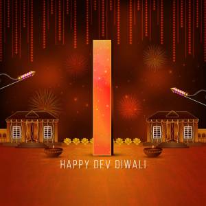 Illustration of Dev Diwali celebration with lit diyas, fireworks, and houses.