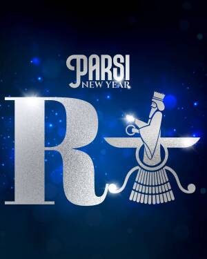 Silver depiction of Faravahar symbol with 'PARSI NEW YEAR' text on a blue background.