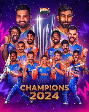 Poster featuring the Indian Cricket Team celebrating, with the text 'Champions 2024'